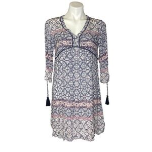 KNOX ROSE Boho Floral Long Sleeve Tassel Mid Length Dress Blue Pink Small